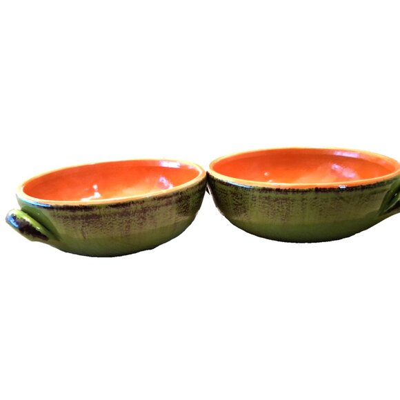 2 De Silva Pottery Terra Cotta Soup Bowl Green Orange Twist Handle 5 1/2" - Picture 2 of 7